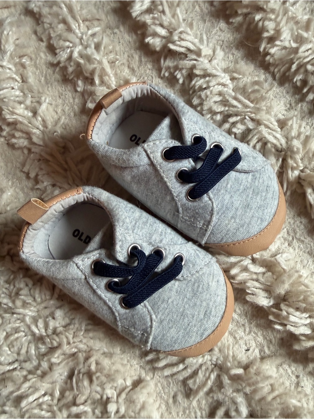 Old Navy Baby Grey Crib Shoes with Navy Laces and Tan Trim